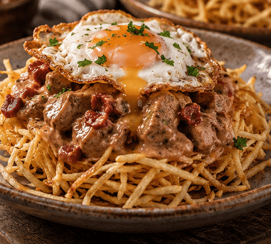 Nido de Patatas Paja con Solomillo al Whisky